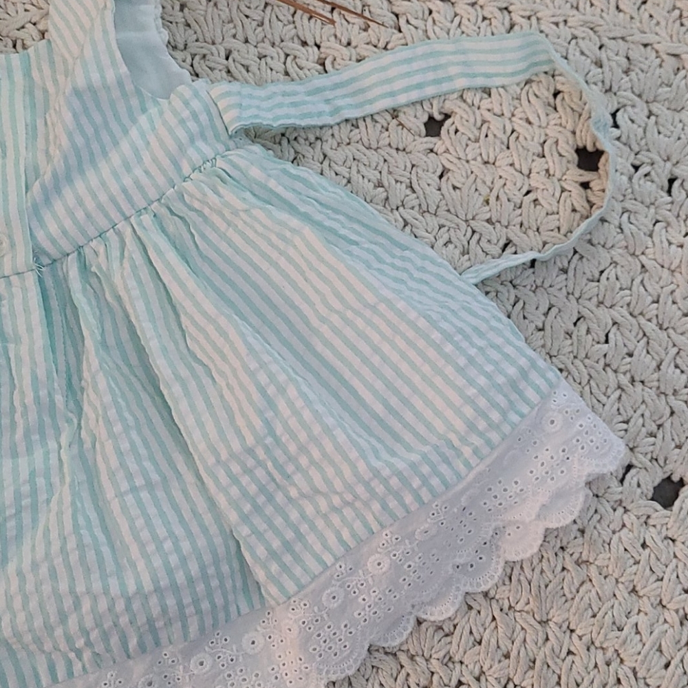 SUMMER BEAUTIFUL TEAL WHITE LACE  STRIPED  DRESS - Picture 14 of 16